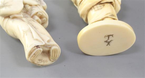 Two small Japanese ivory okimono of a mother and child, 19th century, height 6.4 and 7.9cm